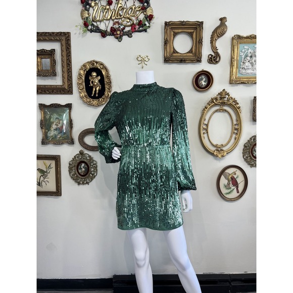 RIXO Dresses & Skirts - Rixo Green Sequin Long Sleeve Mock Neck Mini Dress XS